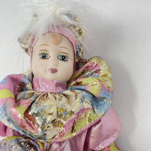 Vintage Venetian Porcelain Harlequin Dolls Painted Face Metallic 9" Collectible - Picture 3 of 12